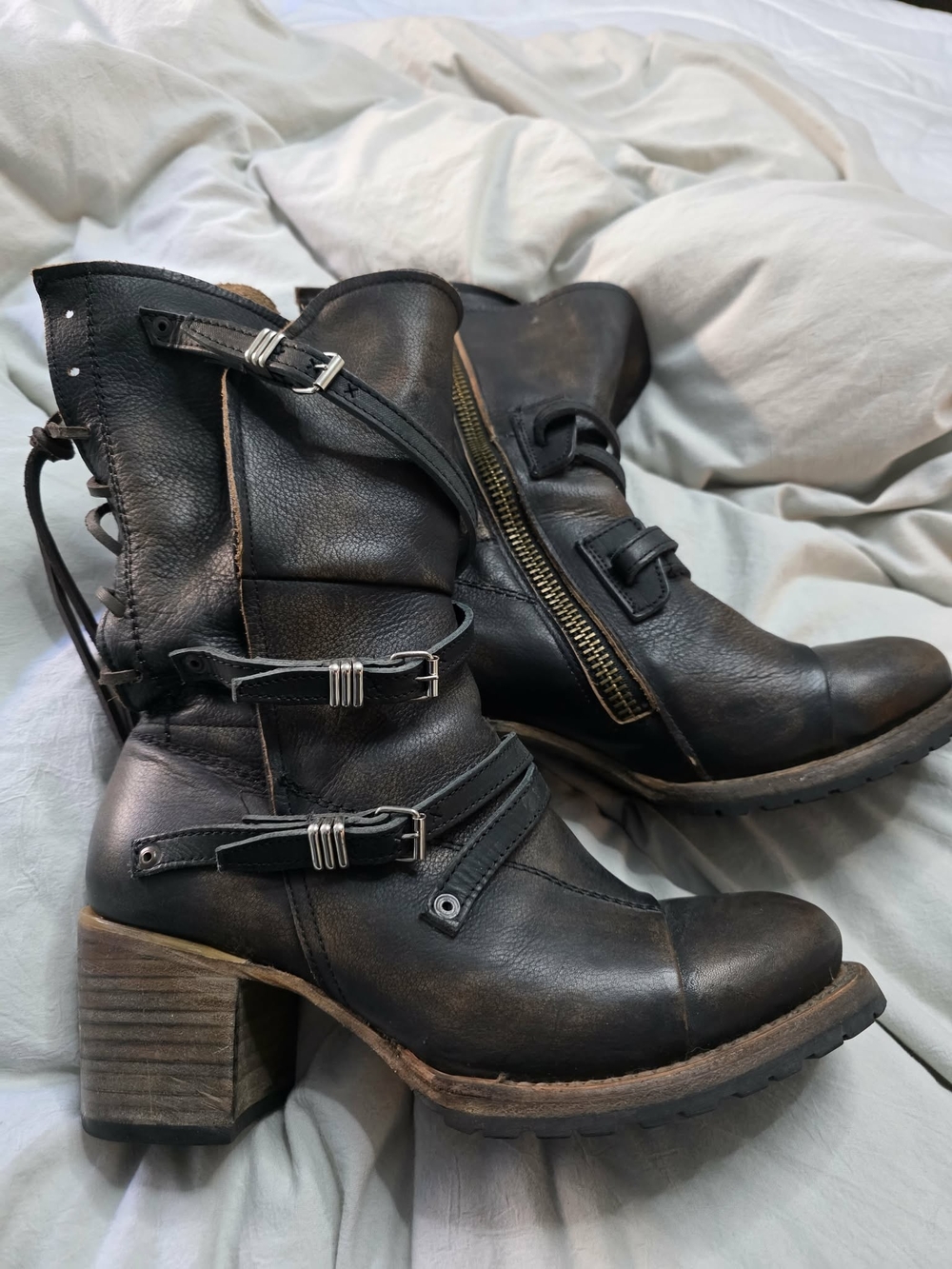 Freebird Cora Black Leather Buckle Ankle Boots with Side Zipper